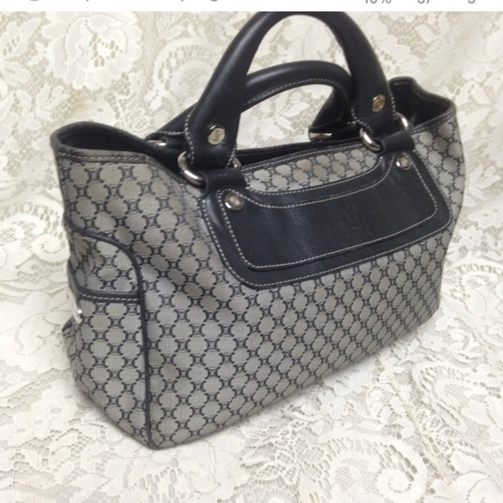 Vintage, Celine, Paris, Italy Black and Gray Macadam Handbag 12in x 8in x 6in